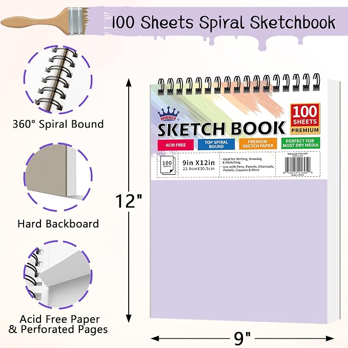 WINNER 9" x 12" Sketch Book 4 Pack, 400 Sheets Spiral Bound Art Sketchbook - Image 2