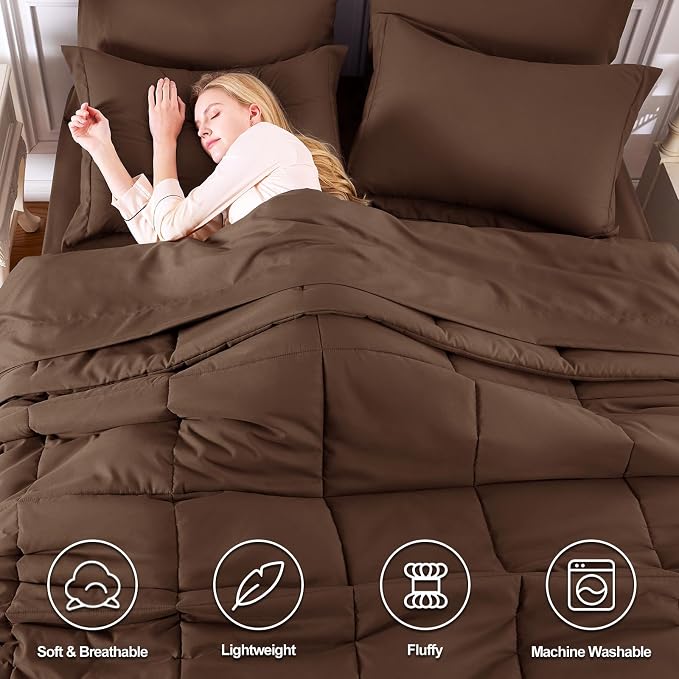 CozyLux Oversized Queen Comforter Sets Brown, 7 Pieces Bed in a Bag, 98x98 Box - Image 2