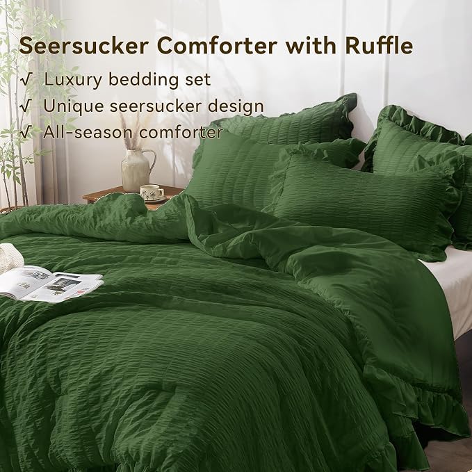 JOLLYVOGUE Dark Green Comforter Full Size, 3 Pieces Seersucker Lightweight Full - Image 4