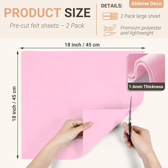 Light Pink Felt Fabric Sheets 18" x 18" 1.6mm Soft Craft Felt | Soft Precut - Image 2