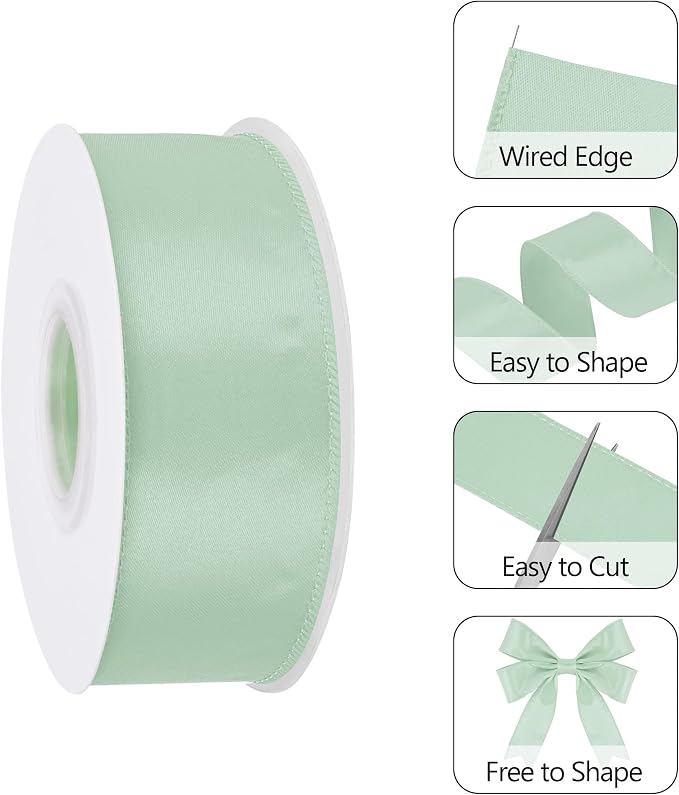 Sage Green 1.5 Inch 25 Yards Satin Wired Ribbon - Image 3