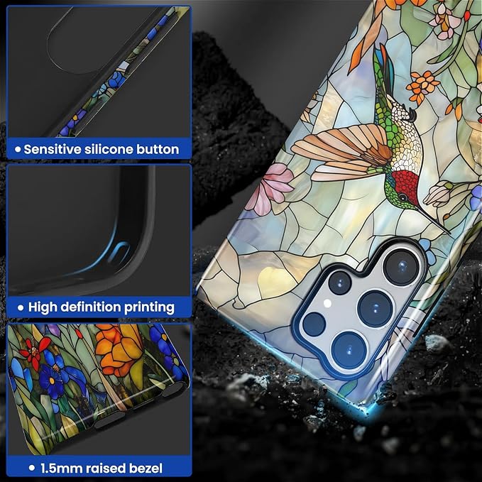 for Samsung Galaxy S23 Ultra Case, Hummingbird Wildflower Stained Glass Pattern - Image 3