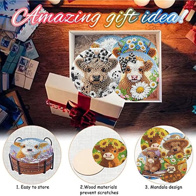 8 Pack Diamond Art Coasters, Highland Cow Diamond Painting Coasters Kits | Cow - Image 7