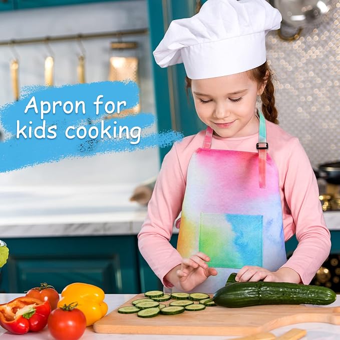 SATINIOR 3 Pack Kids Apron Rainbow Tie Dye Toddler Aprons - Image 6