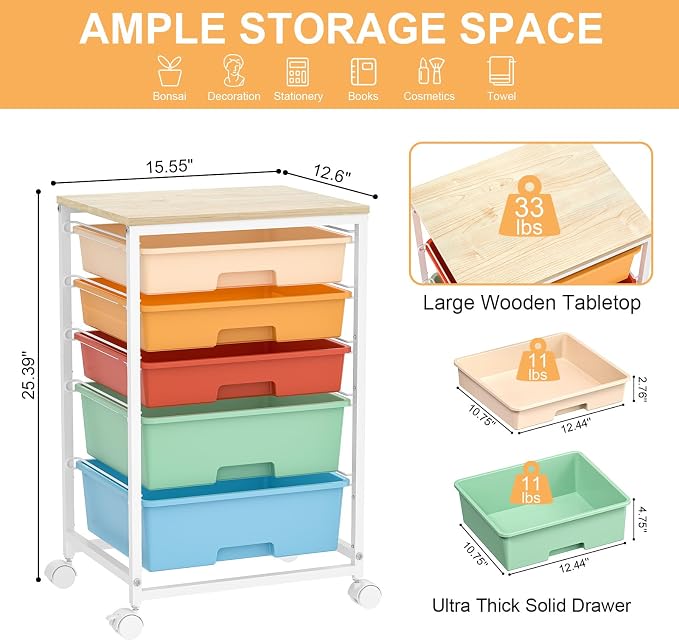 SYKIARIOL Utility Cart with 5 Drawers, Storage Cart with Wooden Tabletop and - Image 3