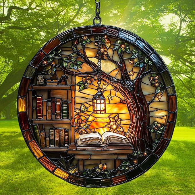 Forest Library Bookshelves Acrylic Suncatcher Stained Glass Effect Window Car - Image 3
