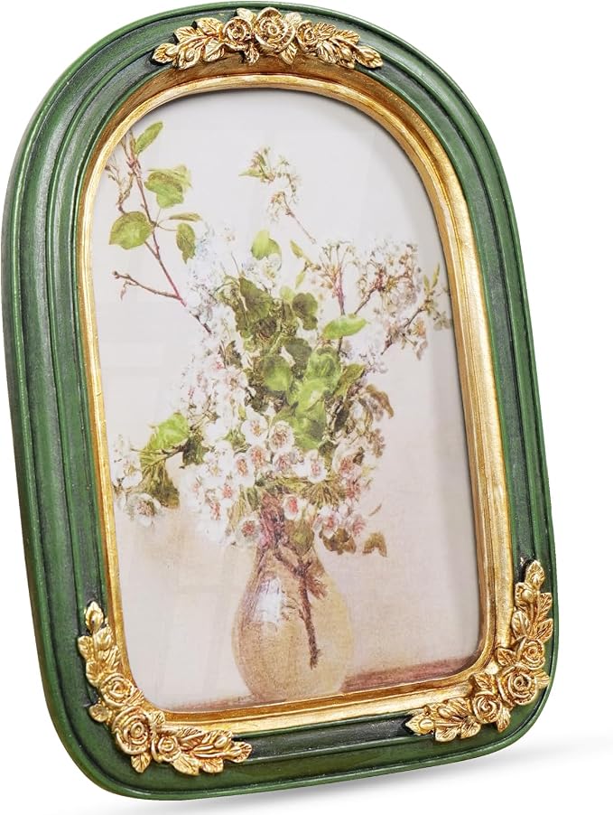 Cuspin Vintage 5x7 Picture Frame Green and Gold Frames, Ornate Arch Picture by Cuspin
