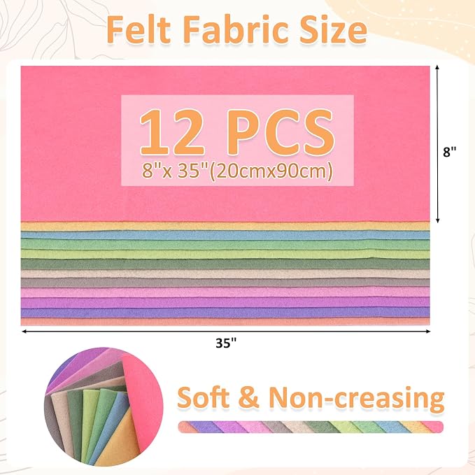 12 Rolls 8"x35" 1.4mm Thick Soft Felt Fabric Sheet 12 Assorted Morandi Series - Image 3