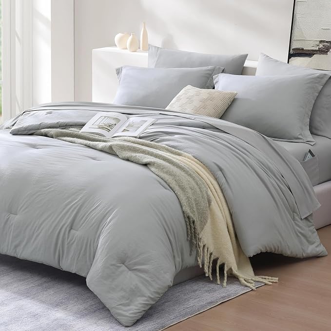 WRENSONGE Full Size Comforter Sets- 7 Pieces Soft Light Grey Bed in a Bag - Image 2