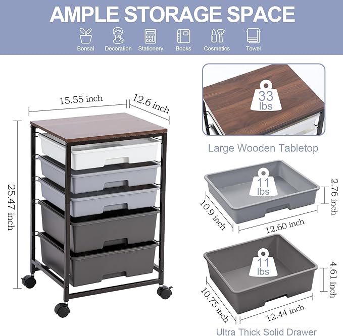 SYKIARIOL Utility Cart with 5 Drawers, Storage Drawer Cart with Wooden Tabletop - Image 3