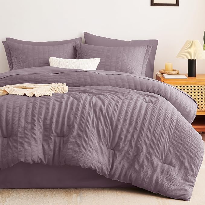 CozyLux Oversized King Comforter Set Dusty Purple Seersucker 7 Pieces 120x98 - Image 9