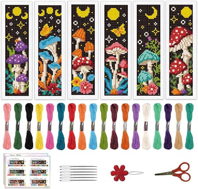 ACRNIGHEET 6PCS Cross Stitch Bookmark Kits Mushroom Pattern Stamped Cross by ACRNIGHEET