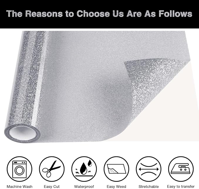 Silver Glitter HTV Heat Transfer Vinyl Roll 12inch x 20 ft - Image 3