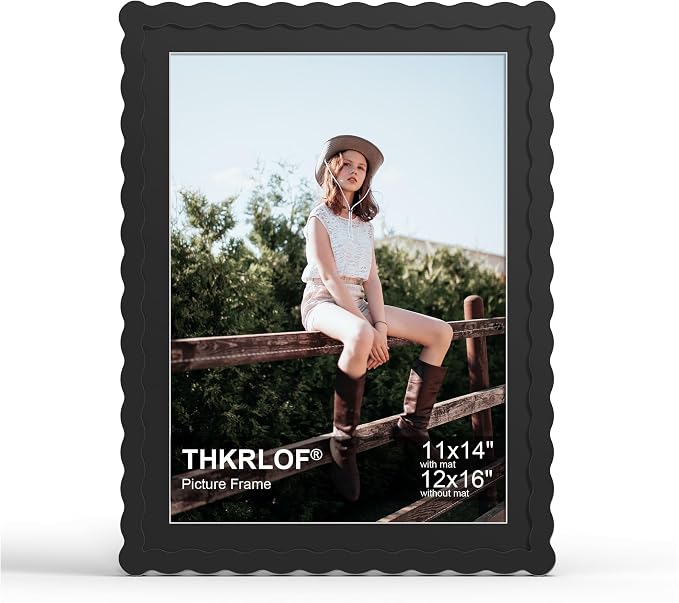 12x16 Picture Frame with Mat for 11x14, Wavy Edge Wooden Real Glass Photo Frame by THKRLOF