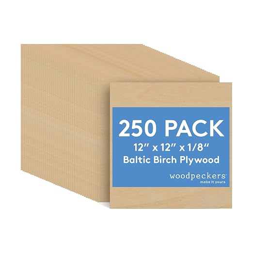 Baltic Birch Plywood, 3 mm 1/8 x 12 x 12 Inch Craft Wood, Box of 250 B/BB Grade by Woodpeckers