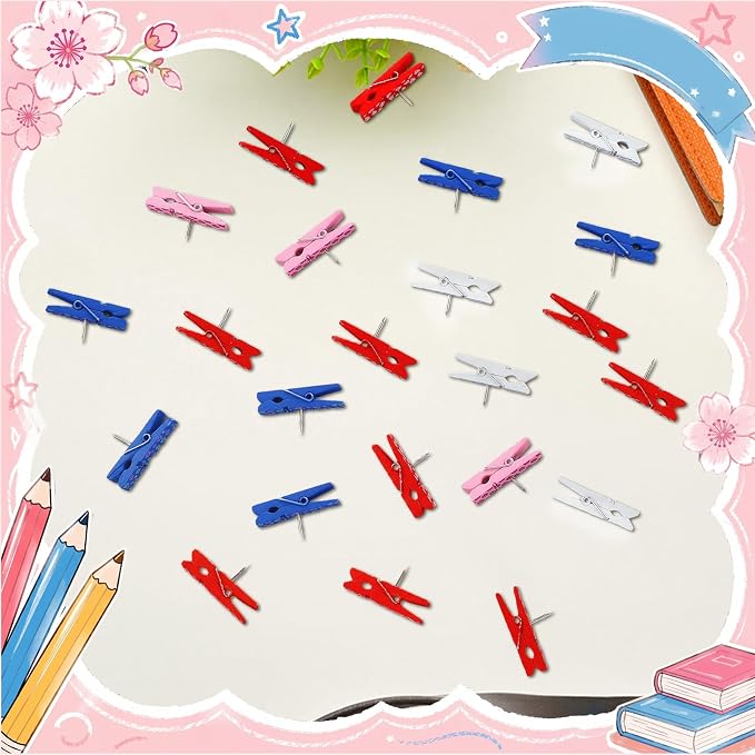 LemonRoad 60 Pcs Push Pin with Wooden Clips Teacher Cork Board Artworks - Image 6