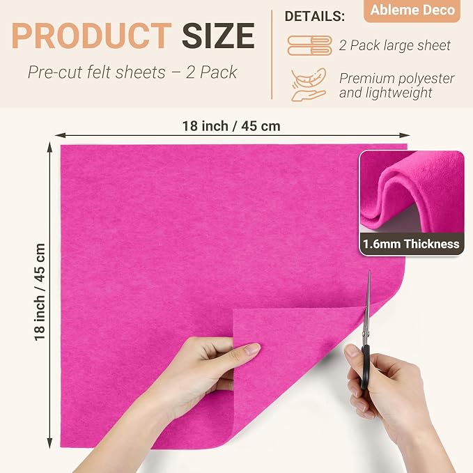 Felt Fabric Sheets 18" x 18" 1.6mm Soft Craft Felt, Fuchsia | Soft Precut Felt - Image 2