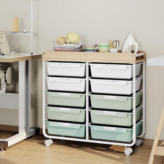 10 Drawers Rolling Cart with Wooden Tabletop, Utility Storage Cart with Wheels - Image 8