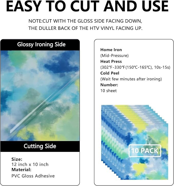 FUNKAKA Tie Dye HTV Heat Transfer Vinyl Bundle, 10 Sheets HTV Vinyl - Image 2