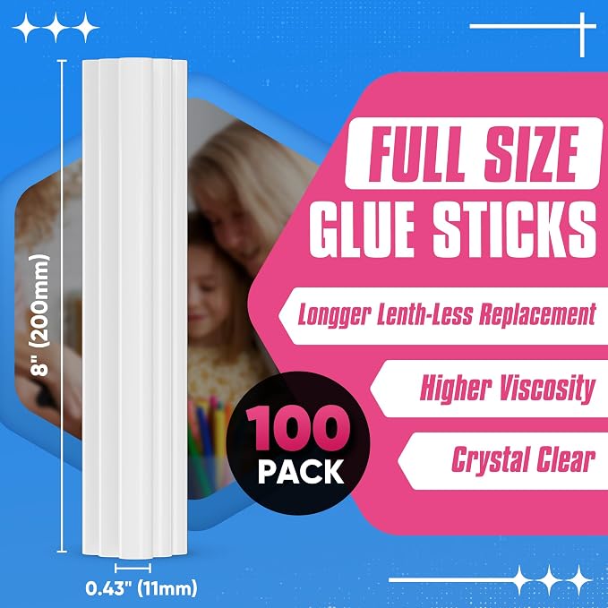 EZUVITA 100-Pack Full Size Hot Glue Sticks, 0.43” Dia x 8” Long | Clear - Image 3