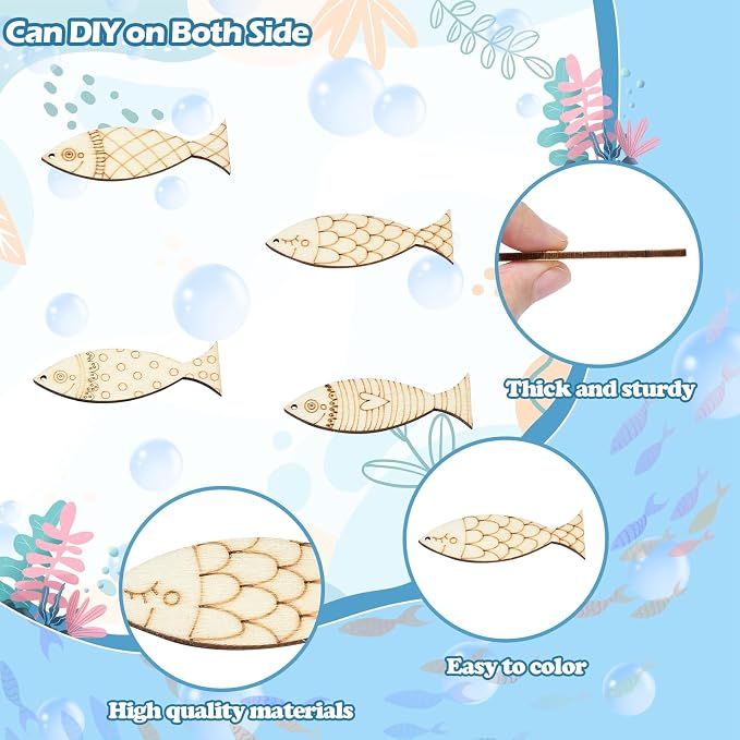 LiQunSweet 200 Pcs Mixed Styles Fish Unfinished Wood Cutout Ocean Sea Animals - Image 3