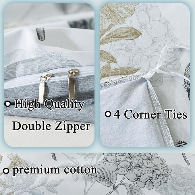 FADFAY Floral Duvet Cover Sets Full Size 100% Cotton Ink Grey Vintage Flower - Image 3