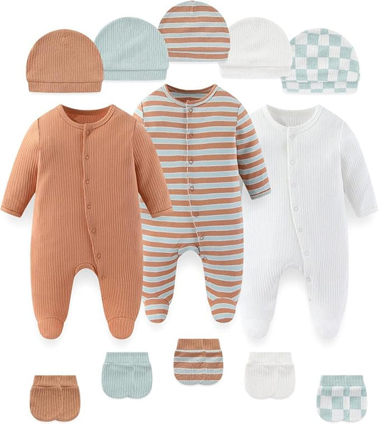 Fashion Baby Boy Girl Clothing Set Cotton Soft 3-Piece Long Sleeve Button Rompers 5-Pack Hats&Gloves Infant Clothes