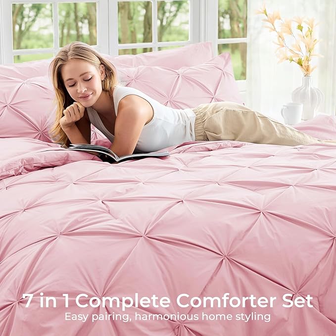 Sasttie Queen Comforter Set, 7-Piece Bed in a Bag, Pintuck Bedding Set - Image 6