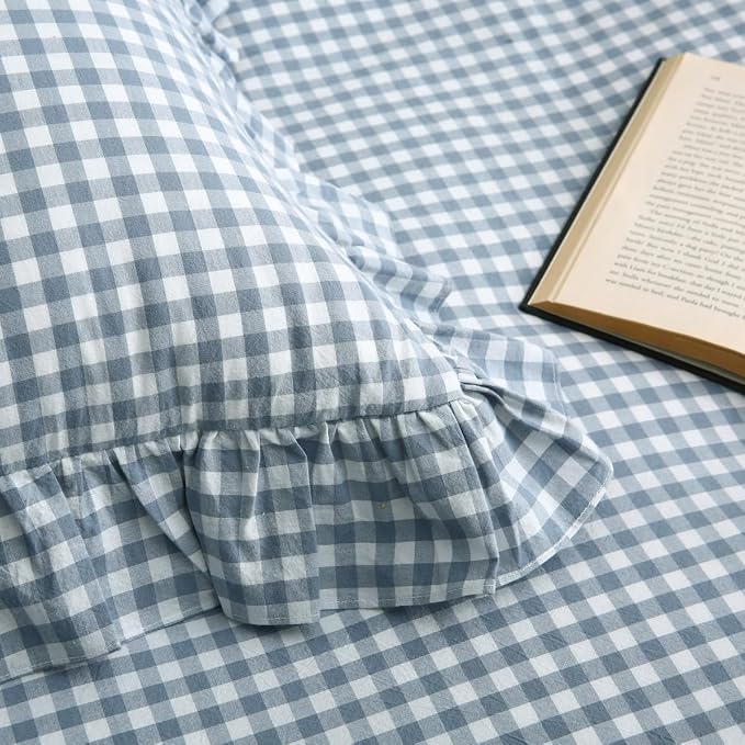 Silnuo Light Blue/White Plaid Ruffle Duvet Cover Queen Size, 100% Washed Cotton - Image 6