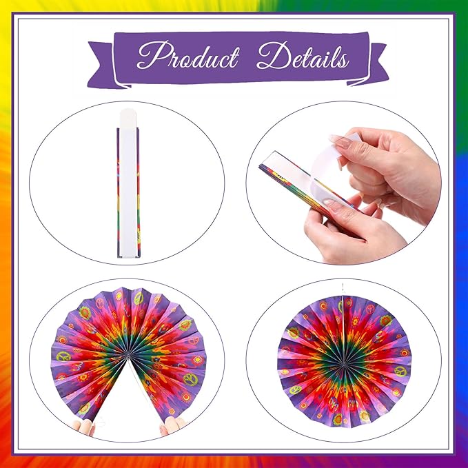 Outus Tie Dye Party Supplies Groovy Hippie Hanging Paper Fans Classroom - Image 3