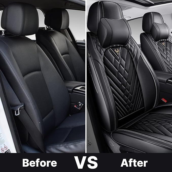 Car Seat Cover Full Set, Waterproof Leather Seat Cover,Front Auto Seat Cover, Car Seat Cushion, Full Coverage Car Seat Protector Universal Fit Most Cars (2 Seat-Headrest,Black)