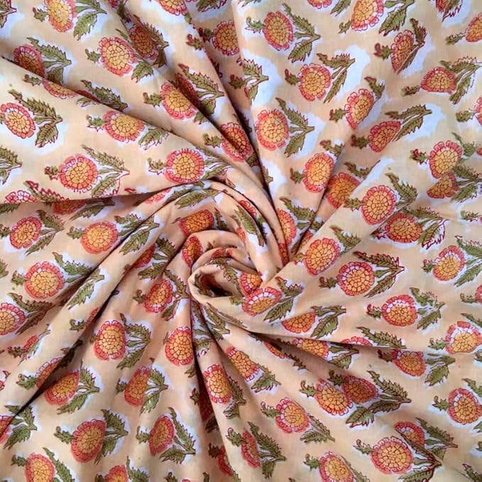 E-Tailor® Indian Ethnic 100% Cotton Voile Running Hand Block Print Natural by E-Tailor