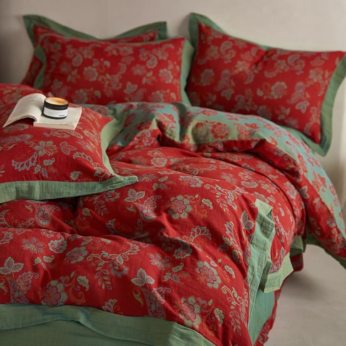 mixinni Exquisite Vintage Red Floral Duvet Cover Queen Size Yarn-Dyed Jacquard - Image 5