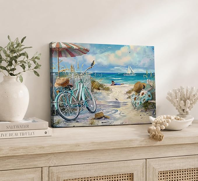 LRTNMTJ Coastal Bicycle Canvas Wall Art Beach Scene Oil Painting Print Summer - Image 2