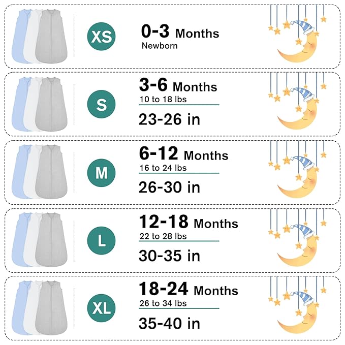 3 Pack Baby Sleep Sack 12-18 Months 100% Rayon Cotton Baby Sleeping Bag 2-Way Zipper Toddler Wearable Blankets Comfy Stretchy Thin Sleep Sacks TOG 0.3
