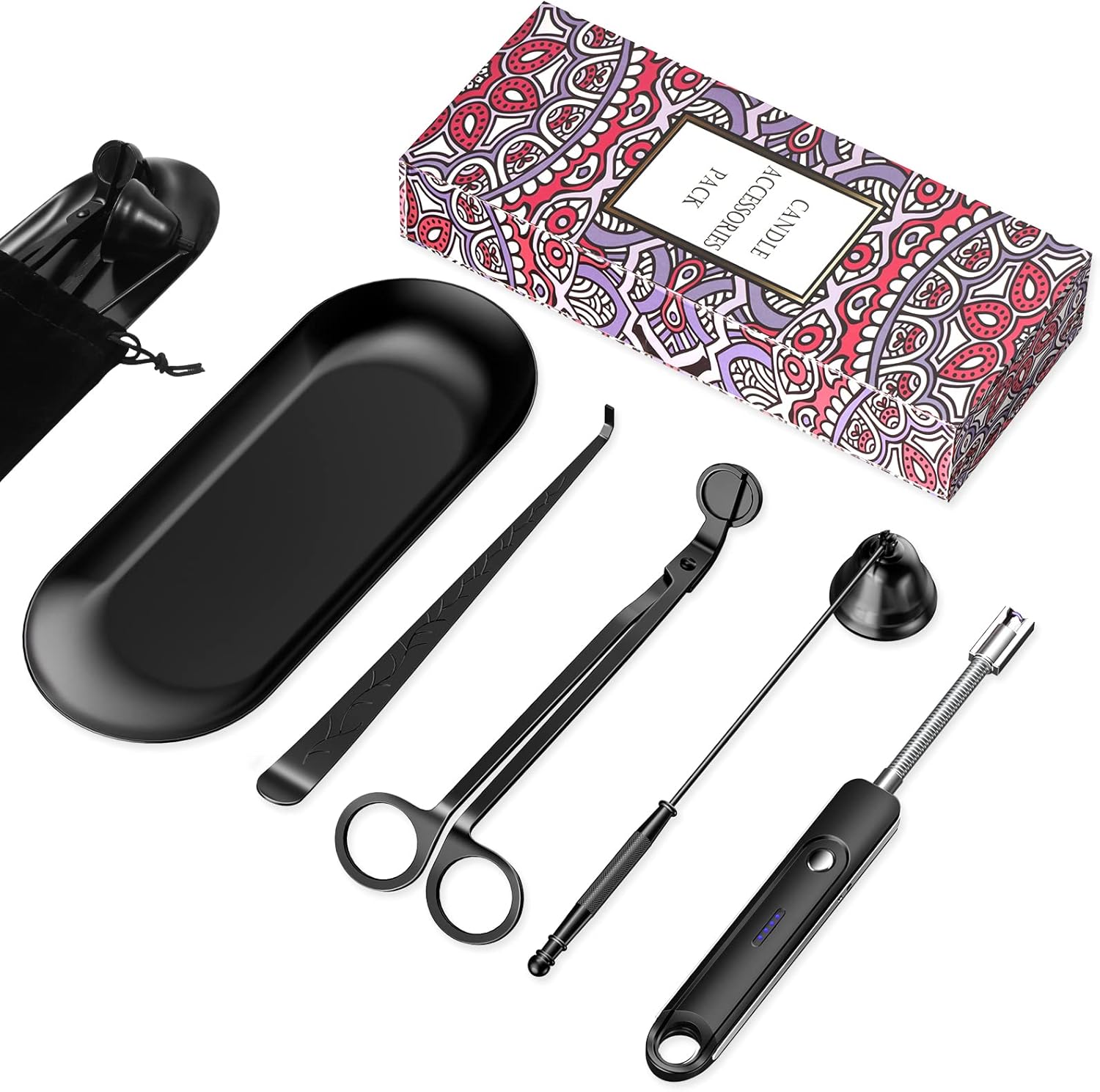 Lsnisni 5Pcs Candle Accessory Set With Rechargeable Electric Lighter, Storage Tray, Wick Trimmer, Snuffer, Dipper - Stainless Steel Care Kit With Gift Package for Candle Lovers - Black