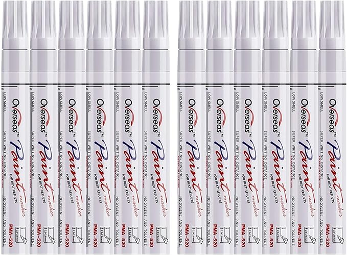 Overseas 12 White Paint Pens Permanent Markers, Oil Based Paint Markers | by Overseas