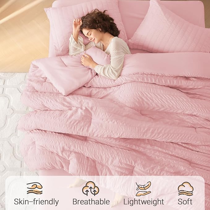 MUXHOMO 7 Pieces Queen Comforter Set, Seersucker Bed in a Bag Queen Size - Image 2