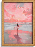 Framed Pink Surfer Girl Canvas Wall Art, Sunset Pink Seascape by HJYQLN