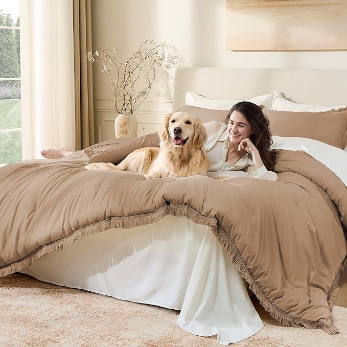 Andency Taupe Comforter Set Queen, 3 Pieces Boho Tassel Lightweight Bedding - Image 3