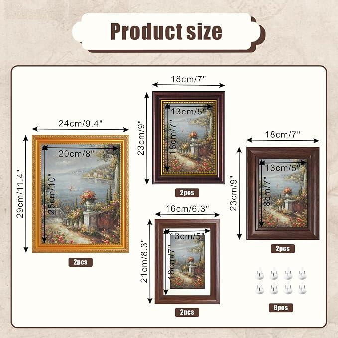 8 Pack Vintage Picture Frames for Wall or Tabletop, 2 Sizes 8x10 & 5x7 Inch | - Image 2