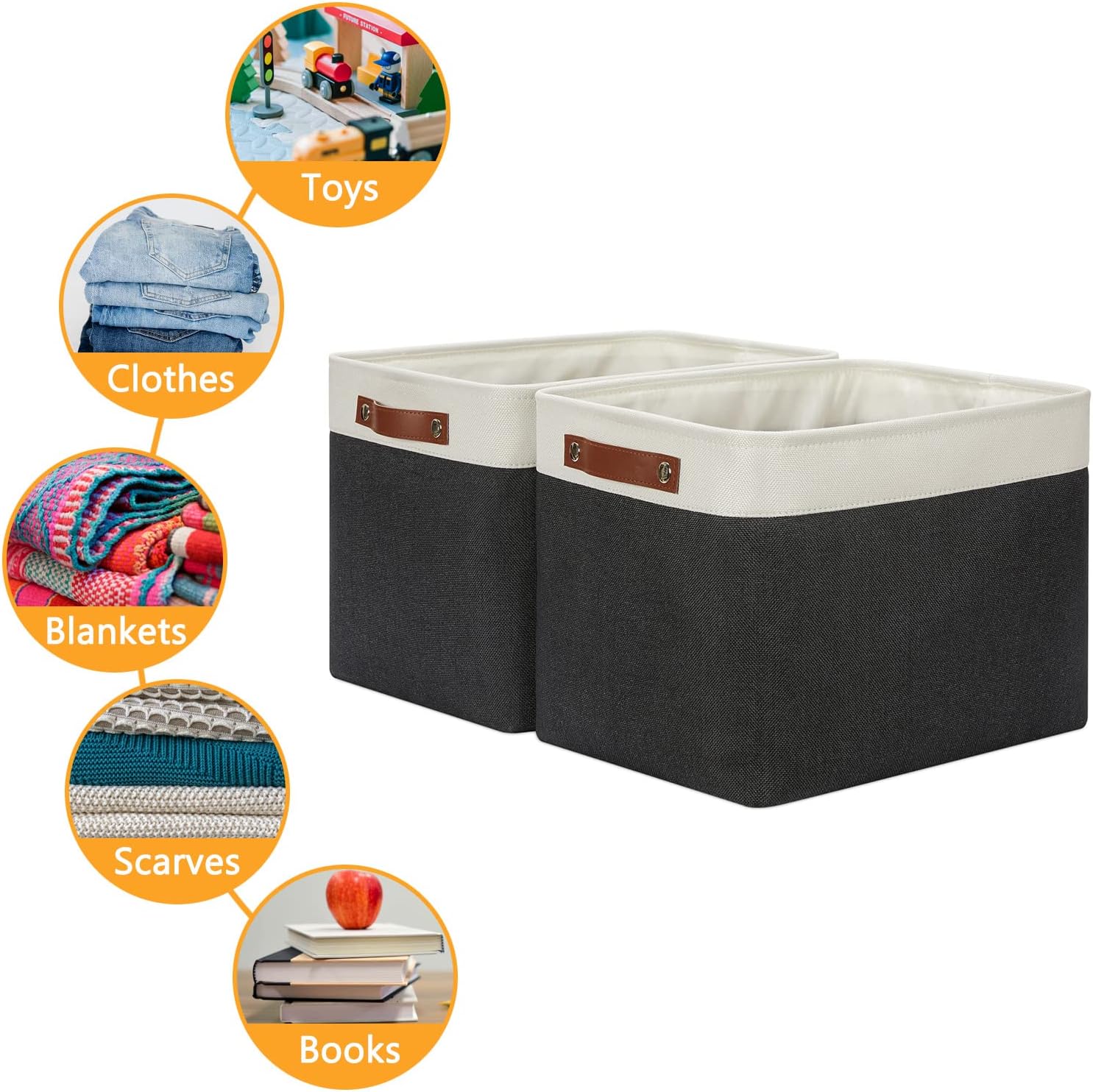 DULLEMELO Storage Bins Large-16"x12"x12" With Leather Handles for Organizing,Decorative Collapsible Storage Baskets for Shelves Closet Home Office (White&Black)