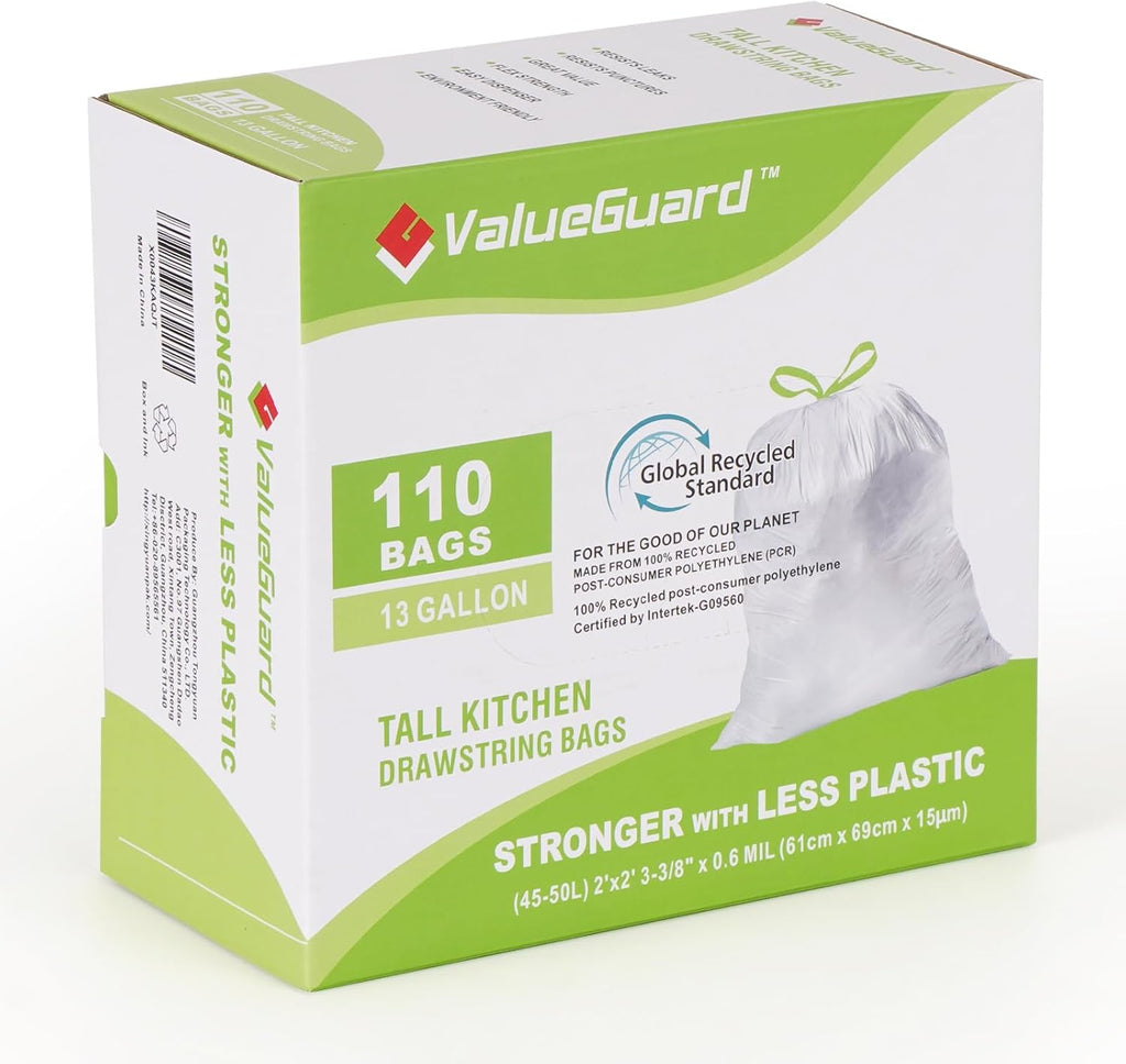 Large Trash Bags 13 Gallon Tall Kitchen Drawstring 100% Post-Consumer Recycled Garbage Bags Waste Bag for Office 0.6 Mil (110 Count)