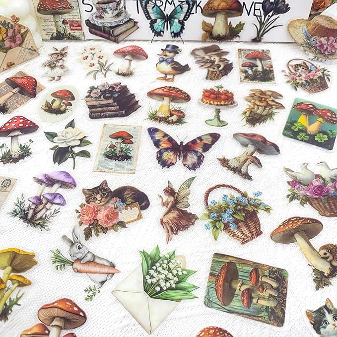 YOKSAS 50PCS Vintage Nature Mushroom Clear Scrapbook Stickers – Retro Botanical - Image 2