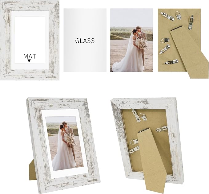Hongkee 5x7 Picture Frame Set of 4, Made of Real Glass and Distressed White - Image 2