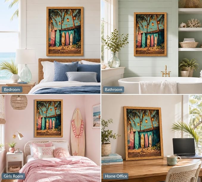 Framed Vintage Surfboard Canvas Wall Art, Tropical Palm Trees Painting Picture - Image 6