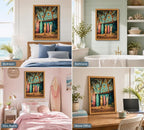 Framed Vintage Surfboard Canvas Wall Art, Tropical Palm Trees Painting Picture - Image 6