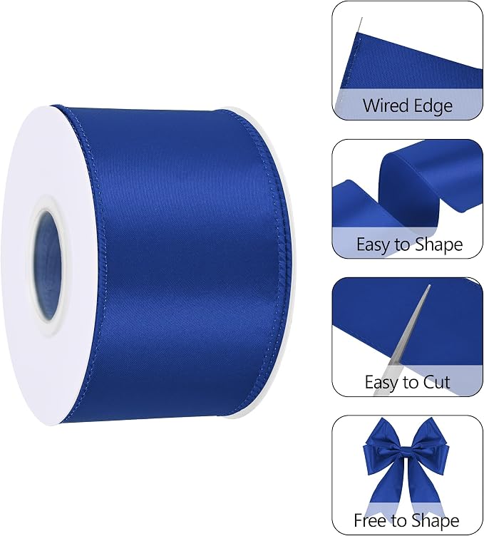 Royal Blue 2.5 Inch Continuous 25 Yards Satin Wired Ribbon - Image 3