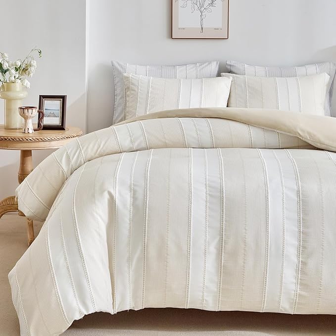 WARMDERN Khaki Striped Weave Duvet Cover Twin Size, Microfiber Textured Bedding by WARMDERN