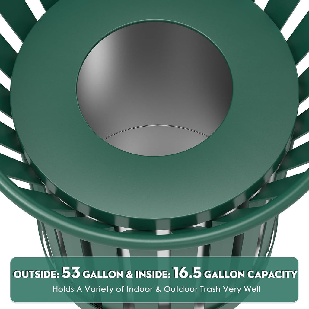 27.6IN Round Large Outdoor Trash Can, Heavy Duty Metal Slatted Garbage Can Outdoor, All Weather Resistant Commercial Garbage Cans, Waste Receptacle in Park, School, Beach, Patio, Green